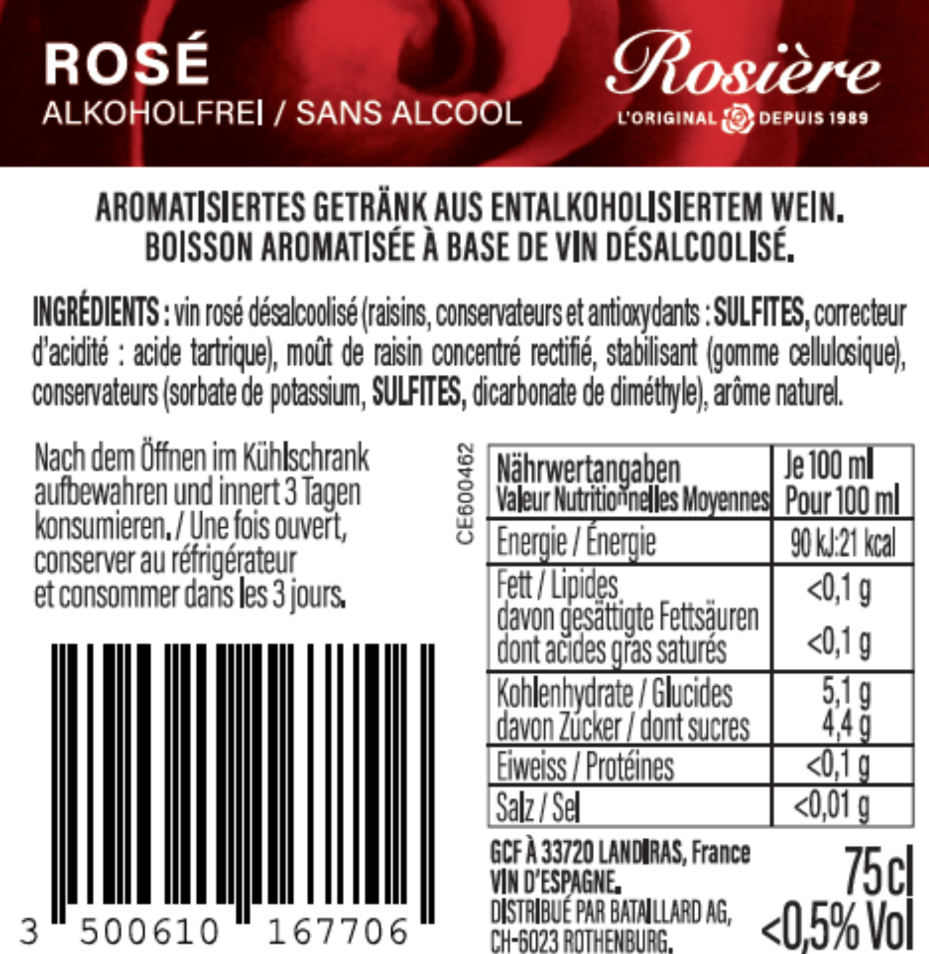 Rosière free Rosé Rückenetikett